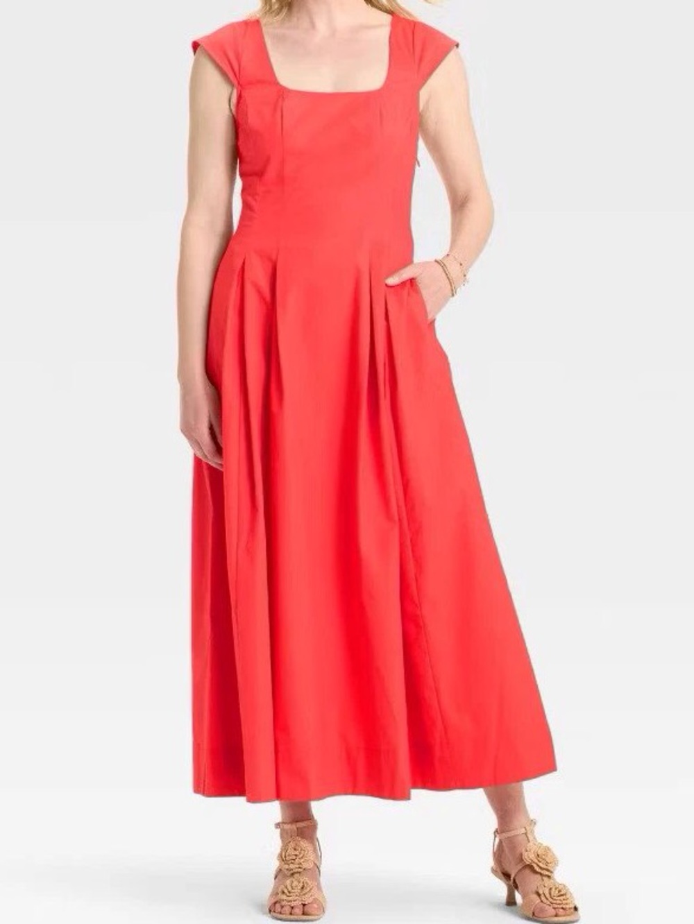 Coral Square-Neck Maxi Dress with Cap Sleeves